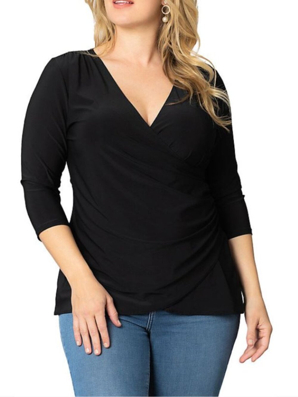 Kiyonna Top 2X Femme Fatale Faux Wrap Black Sexy Stretch Feminine Packable